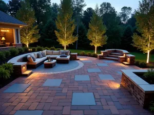 Brick and Bluestone Mix - Modern patio combining traditional red bricks with bluestone inserts in a contemporary pattern, viewed at dusk with landscape lighting