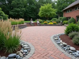 Brick and River Rock Border - Wide angle view of a traditional brick patio with a decorative river rock border, complemented by ornamental grasses and russian sage