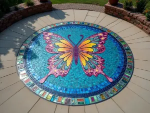 Butterfly Mosaic Centerpiece - Aerial view of a colorful butterfly-themed mosaic patio centerpiece surrounded by plain concrete, featuring iridescent glass tiles in blues, purples, and greens