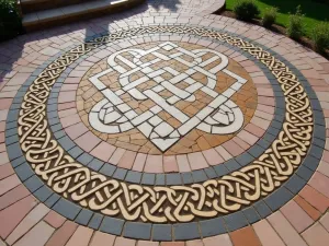 Celtic Knot Stone Design - An intricate Celtic knot pattern created with different colored natural stones inlaid into a larger patio floor, aerial view of the complete design