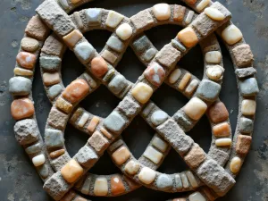 Celtic Knot Stone Mosaic - Close-up detail of a Celtic knot pattern created with small natural stone pieces in varying earth tones, set against a darker background