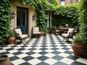 Checkerboard Classic - Wide shot of a traditional checkerboard painted patio floor in cream and charcoal, with vintage garden furniture and climbing vines