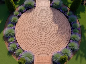 Circular Brick Patio Design - Aerial view of a circular brick patio with radiating pattern, surrounded by lavender borders and ornamental grasses, featuring antique rose-colored bricks