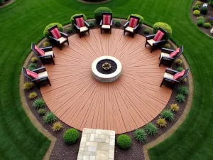 Circular Composite Pattern - Aerial shot of a circular pattern created with composite decking in teak color, radiating from a central fire pit feature