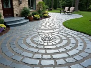 Circular Pattern Concrete - Wide-angle view of a concrete patio featuring concentric circles stamped into the surface, creating a mesmerizing pattern in varying shades of gray