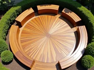 Circular Wood Pattern - Aerial view of a circular wooden patio floor design with boards radiating from the center, surrounded by built-in curved seating