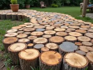 Circular Wood Slice Floor - Close-up of a unique rustic patio floor made from cross-cut log slices arranged in a circular pattern, sealed for outdoor use