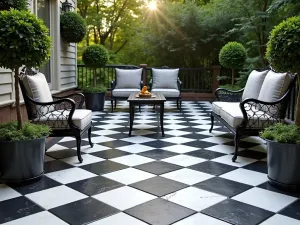 Classic Checkered Outdoor Carpet - Traditional black and white checkered outdoor carpet creating a classic look, with wrought iron furniture and boxwood topiary