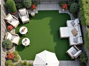 Coastal Grass Retreat - Aerial view of a coastal-style patio with artificial grass, white furniture, and nautical decorative elements