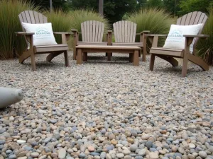 Coastal Pebble Beach Patio - Natural beach pebble patio with varying shades of gray and tan, featuring weathered wooden furniture and coastal grasses. Ocean-inspired decor and shell accents complete the seaside atmosphere.