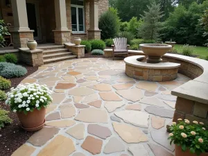 Coastal Stone Mix - A beach-inspired patio using a mix of smooth stones in coastal colors, with shell fossils visible in the limestone pieces, normal view