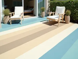 Coastal Stripe Pattern - A breezy patio floor painted with alternating wide stripes in sandy beige and sea blue, photographed at an angle with beach furniture