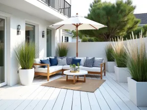 Coastal Style Apartment Deck - A bright coastal-themed apartment patio with whitewashed wood decking, navy and white striped textiles, and coastal grasses in white planters