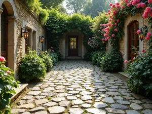 Cobblestone Country Patio - Wide shot of an aged cobblestone patio floor with worn, rounded stones and climbing roses on surrounding walls