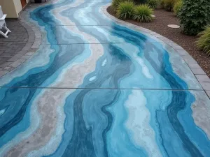 Multi-Colored Concrete Overlay - Aerial shot of a concrete overlay system creating a flowing, abstract design in blues and grays, sealed with a high-gloss finish