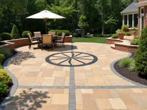 Composite Deck with Inlay Design - Normal view of a wheat-colored composite patio featuring a dark geometric inlay design in the center, surrounded by modern outdoor dining setup