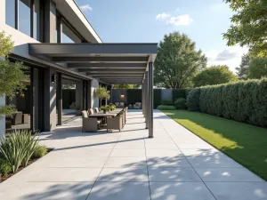 Composite Deck with Pergola - Wide shot of a pale gray composite patio extending under a modern pergola, showing seamless integration of vertical and horizontal elements