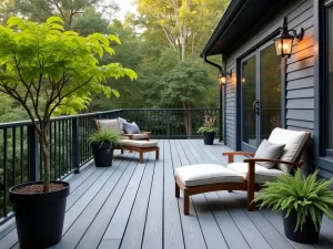 Composite Deck Reading Nook - Intimate corner patio with grey composite decking, comfortable reading chair, and potted Japanese maple, shot from above