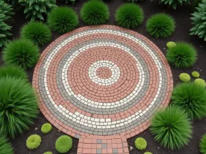 Concentric Brick Circles - Aerial view of a patio featuring concentric circles of brick in alternating colors, surrounded by Japanese forest grass and dwarf conifers