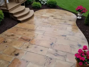 Rustic Concrete Wood Plank - Stamped concrete patio designed to mimic weathered wood planks, complete with grain texture and knots, in varying shades of brown