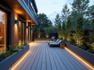 Contemporary Composite Deck - A modern apartment patio utilizing gray composite decking materials, with built-in LED lighting and contemporary container gardens