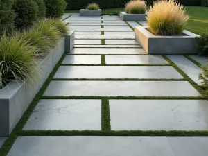 Contemporary Concrete Pavers - Large-scale modern concrete pavers with grass joints, creating a clean lined pattern viewed from above, architectural planters with ornamental grasses