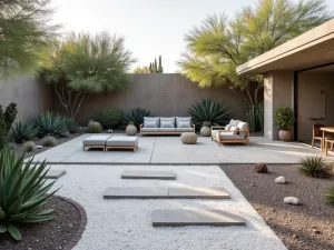 Contemporary Desert Gravel Patio - Wide-angle shot of a modern desert patio featuring white crushed marble gravel, punctuated by geometric concrete pavers and surrounded by architectural succulents and desert plants. Clean lines and minimal furniture create a sophisticated outdoor space.