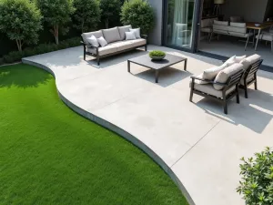 Contemporary Green Edge - Modern patio featuring a curved artificial grass border meeting polished concrete, viewed from above, with minimalist furniture