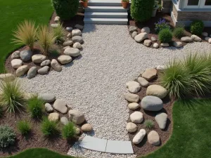 Contemporary Rain Garden Patio - Aerial view of a sustainable gravel patio design incorporating rain garden elements. Different sizes of river rock create natural drainage patterns, with native grasses adding movement.