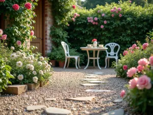 Cottage Garden Gravel Seating Area - Close-up view of a rustic gravel patio using mixed-size river rocks, surrounded by cottage garden flowers spilling onto the edges. Vintage metal furniture and climbing roses create a romantic atmosphere.