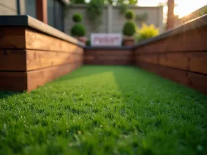 Cozy Grass Nook - Close-up view of plush artificial grass flooring meeting curved wooden bench seating, creating an intimate patio corner with soft lighting