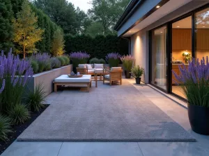 Cozy Outdoor Carpet Oasis - A modern patio space with a plush, weather-resistant gray outdoor carpet, surrounded by potted lavender plants, featuring modern teak furniture and soft ambient lighting, photographed at dusk