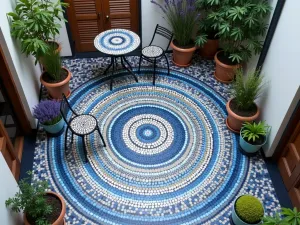 Cozy Small Mosaic Patio - Intimate small patio with intricate circular mosaic tile pattern in blue and white, featuring a bistro set and potted lavender, shot from above to showcase the floor pattern