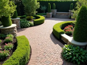 Curved Brick Path Integration - Aerial view of a curved brick pathway seamlessly integrating into a main patio area, bordered by boxwood hedges and flowering perennials