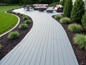 Curved Composite Deck Path - Aerial view of a curved pathway made from light gray composite decking, winding through a landscaped garden with built-in seating areas