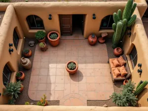 Desert Adobe Floor - Aerial view of a southwestern-style rustic patio with adobe floor tiles, decorated with native desert plants and pottery