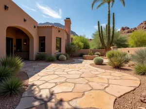 Desert Flagstone Retreat - A southwestern style patio with large irregular flagstone pieces in warm desert tones, wide-angle view showing the natural desert landscaping