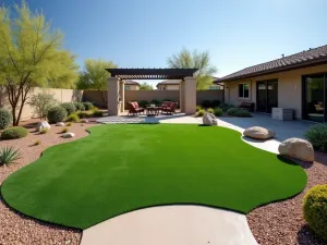 Desert Modern Grass Patio - Wide shot of a contemporary patio with artificial grass surrounded by desert landscaping and modern concrete features