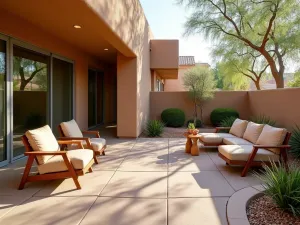 Desert Modern Patio - A southwestern-style apartment patio with textured concrete flooring, desert landscaping, and modern furniture in earth tones