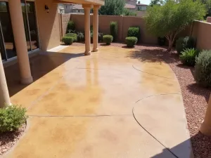 Desert Sand Epoxy - Wide angle view of a sand-colored epoxy patio floor with subtle metallic shimmer, creating a desert-inspired look