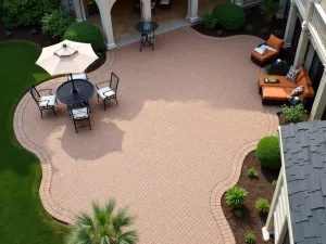 Diagonal Brick Layout - Aerial view of a large patio featuring bricks laid in a diagonal pattern, creating dynamic visual movement across the space