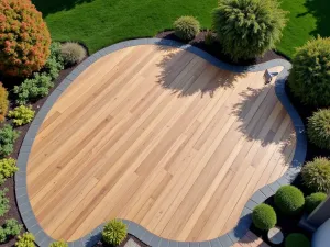 Diagonal Composite Layout - Aerial view of a large patio with diagonal-laid composite boards in cedar tone, creating dynamic visual interest with contrasting border