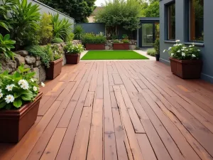 Diagonal Plank Layout - Normal view of a wooden patio floor with diagonal planking in rich mahogany, creating dynamic lines across the space, bordered by container gardens