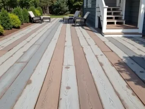 Distressed Wood Look - Concrete patio floor painted to mimic weathered wood planks in varying shades of gray and brown, with realistic grain patterns