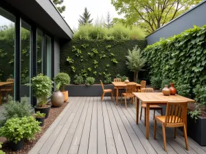 Eco-Friendly Recycled Deck - A sustainable apartment patio featuring recycled composite decking, vertical garden walls, and reclaimed furniture, viewed from multiple angles