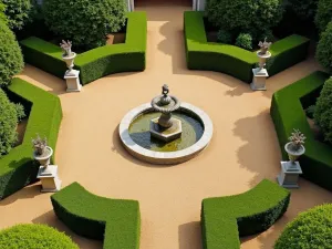 English Garden Gravel Courtyard - Aerial view of a formal English garden gravel courtyard with honey-colored gravel paths intersecting in a geometric pattern. Box hedges and classical urns define the space, with a central fountain as focal point.