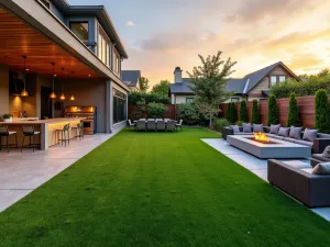 Entertainment Grass Patio - Wide-angle view of a large patio space with artificial grass flooring, featuring an outdoor kitchen, dining area, and fire pit, photographed during golden hour