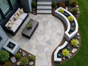 Exposed Aggregate Concrete Patio - Aerial view of an exposed aggregate concrete patio featuring a mix of river rocks and colored glass pieces, surrounded by modern outdoor furniture and built-in planters