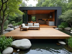 Floating Wooden Platform - Elevated view of a modern floating wooden patio platform with hidden supports, appearing to hover over a zen garden with smooth river rocks