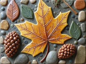 Forest Floor Mosaic - Close-up of a naturalistic mosaic pattern depicting forest floor elements like leaves and pine cones in earth-toned ceramic and stone tiles